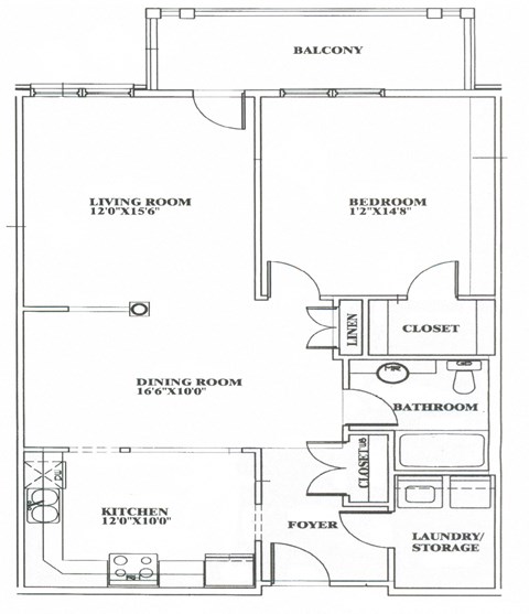 Floor plan for 1 bed, 1 bath, 880 sqft