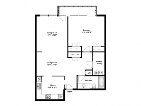 Floor plan for 1 bed, 1 bath, 1008 sqft