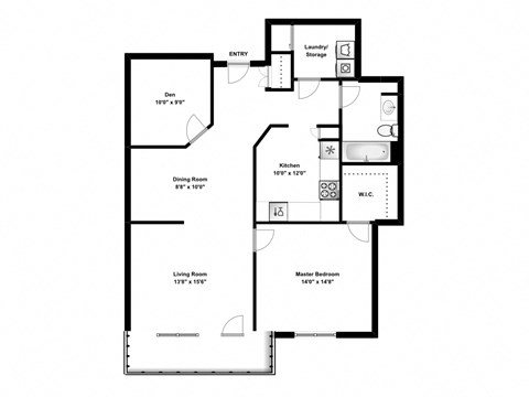 Floor plan for 1 bed, 1 bath, 1078 sqft