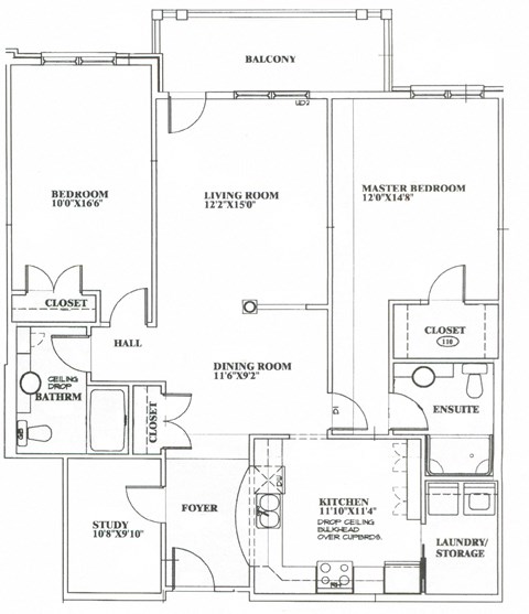 Floor plan for 2 beds, 2 baths, 1250 sqft