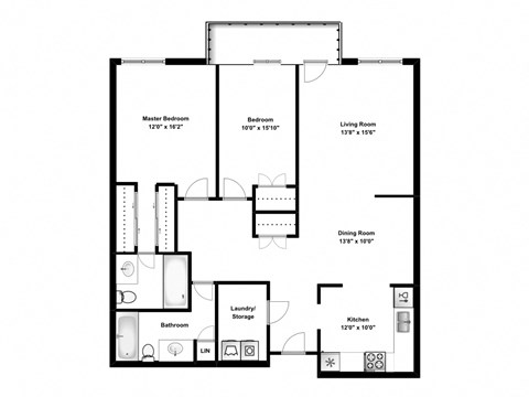 Floor plan for 2 beds, 2 baths, 1210 sqft