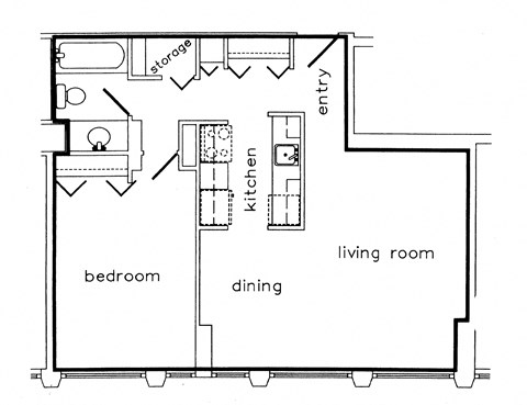 Floor plan for 1 bed, 1 bath, 622 sqft