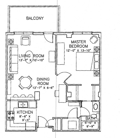 Floor plan for 1 bed, 1 bath, 733 sqft
