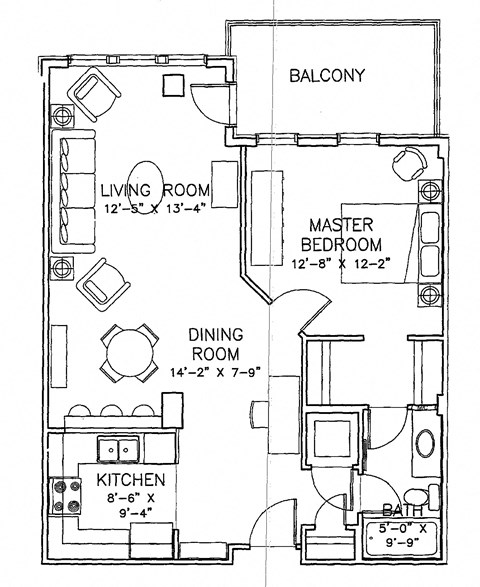 Floor plan for 1 bed, 1 bath, 782 sqft