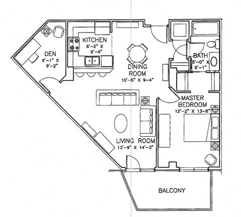 Floor plan for 1 bed, 1 bath, 833 sqft