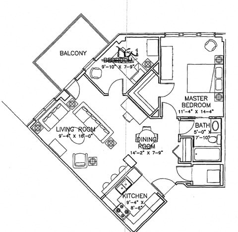 Floor plan for 1 bed, 1 bath, 864 sqft