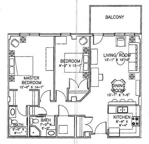 Floor plan for 2 beds, 2 baths, 978 sqft
