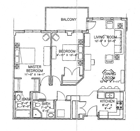 Floor plan for 2 beds, 2 baths, 1027 sqft