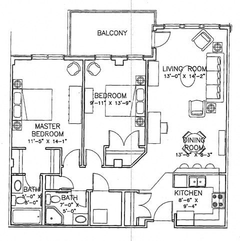 Floor plan for 2 beds, 2 baths, 1040 sqft