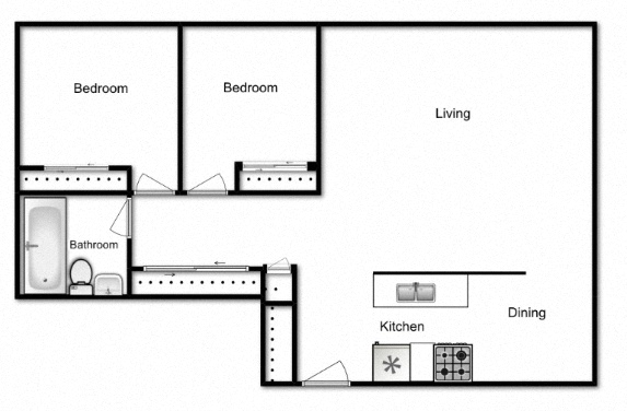 Floor plan for 2 beds, 1 bath, 900 sqft