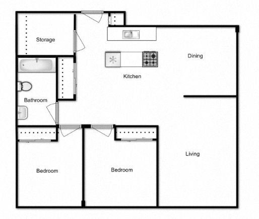 Floor plan for 2 beds, 1 bath, 1000 sqft