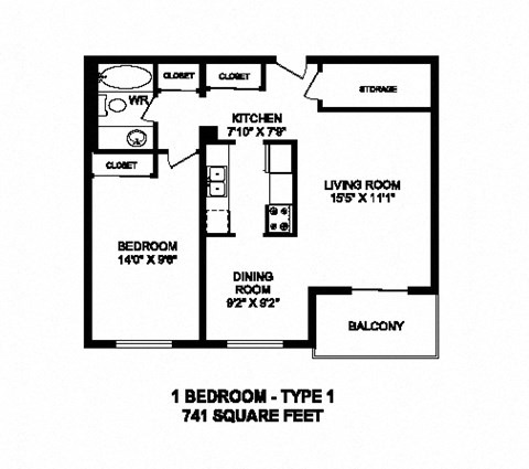 Floor plan for 1 bed, 1 bath, 741 sqft