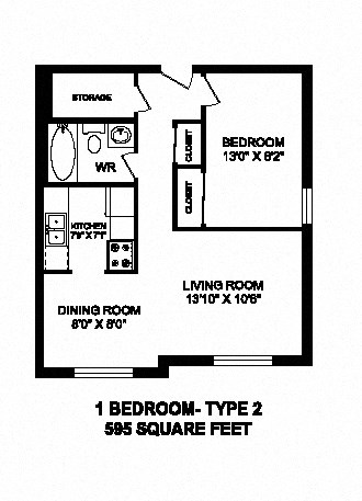 Floor plan for 1 bed, 1 bath, 595 sqft