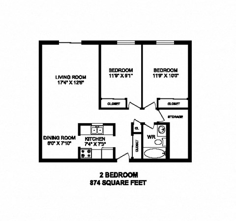 Floor plan for 2 beds, 1 bath, 874 sqft