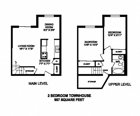 Floor plan for 2 beds, 1 bath, 987 sqft