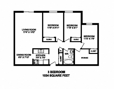 Floor plan for 3 beds, 1 bath, 1034 sqft
