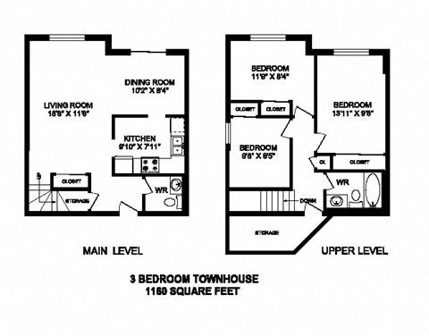 Floor plan for 3 beds, 2 baths, 1160 sqft