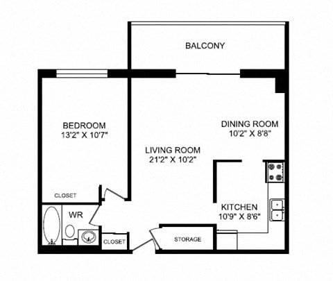 Floor plan for 1 bed, 1 bath, 685 sqft