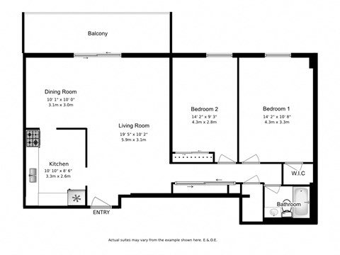 Floor plan for 2 beds, 1 bath, 913 sqft