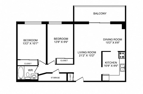 Floor plan for 2 beds, 1 bath, 930 sqft