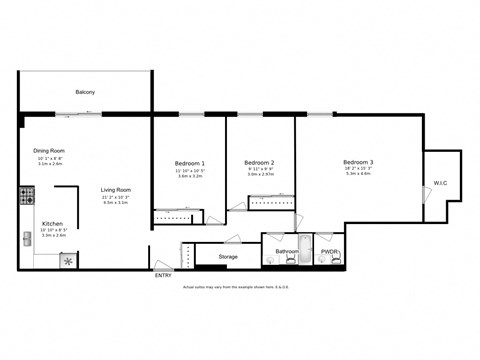 Floor plan for 3 beds, 1.5 baths, 1294 sqft