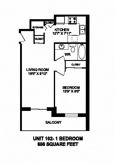 Floor plan for 1 bed, 1 bath, 608 sqft