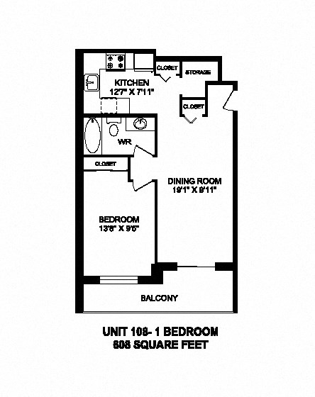 Floor plan for 1 bed, 1 bath, 1502 sqft