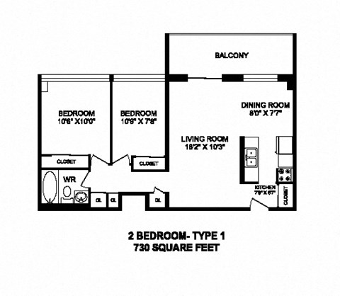Floor plan for 2 beds, 1 bath, 735 sqft