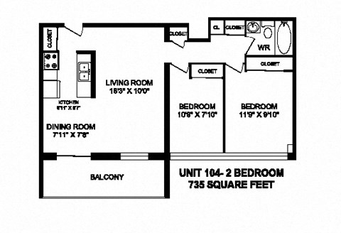 Floor plan for 2 beds, 1 bath, 757 sqft