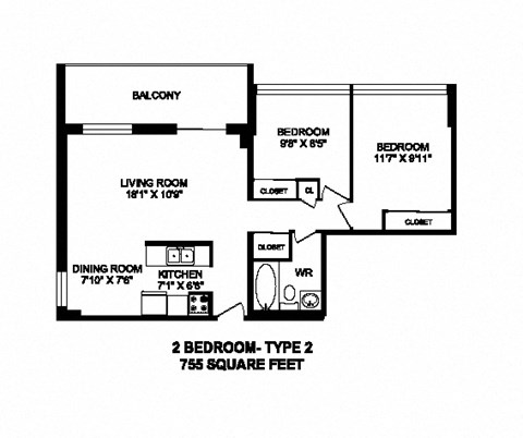 Floor plan for 2 beds, 1 bath, 757 sqft