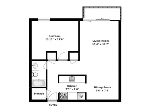 Floor plan for 1 bed, 1 bath, 700 sqft