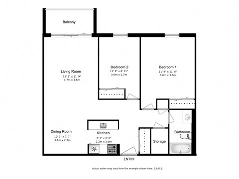 Floor plan for 2 beds, 1 bath, 800 sqft
