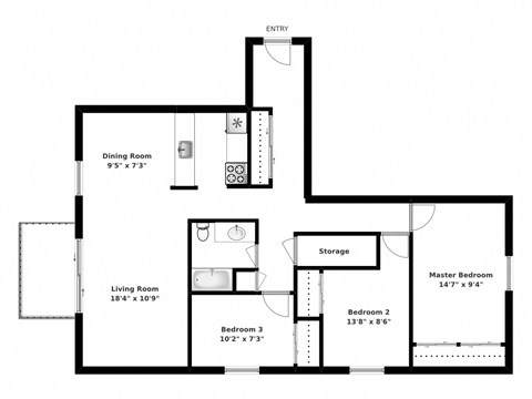 Floor plan for 3 beds, 1 bath, 1063 sqft