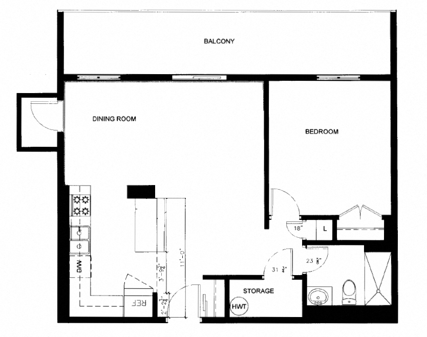 Floor plan for 1 bed, 1 bath, 650 sqft