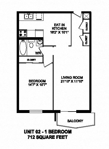 Floor plan for 1 bed, 1 bath, 712 sqft