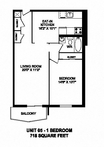 Floor plan for 1 bed, 1 bath, 718 sqft