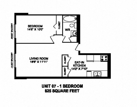 Floor plan for 1 bed, 1 bath, 625 sqft
