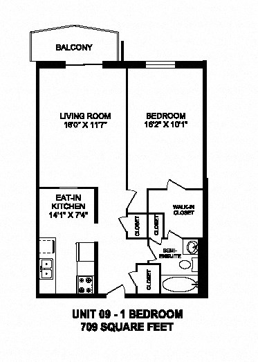 Floor plan for 1 bed, 1 bath, 709 sqft