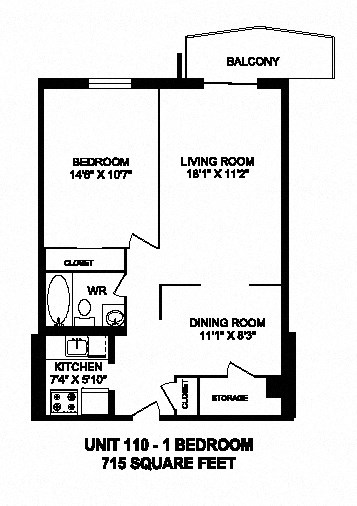 Floor plan for 1 bed, 1 bath, 715 sqft
