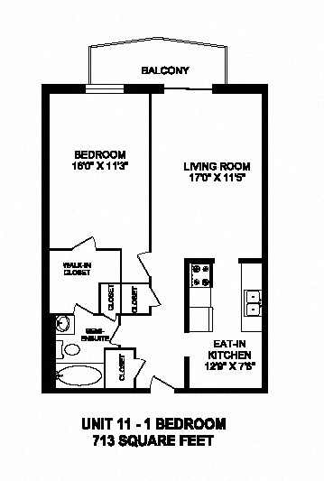 Floor plan for 1 bed, 1 bath, 713 sqft