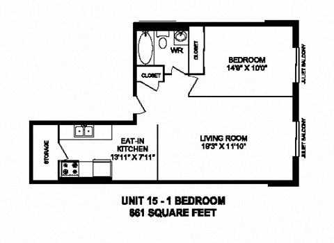 Floor plan for 1 bed, 1 bath, 661 sqft