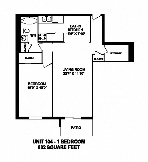 Floor plan for 1 bed, 1 bath, 802 sqft