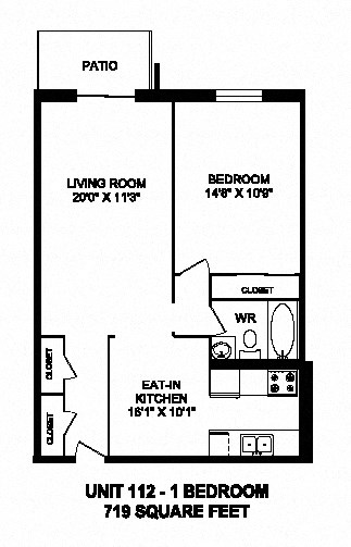Floor plan for 1 bed, 1 bath, 719 sqft