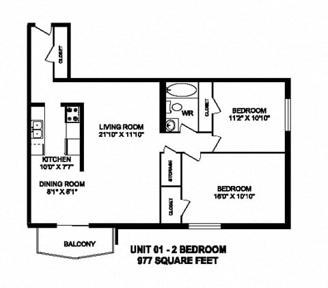 Floor plan for 2 beds, 1 bath, 977 sqft