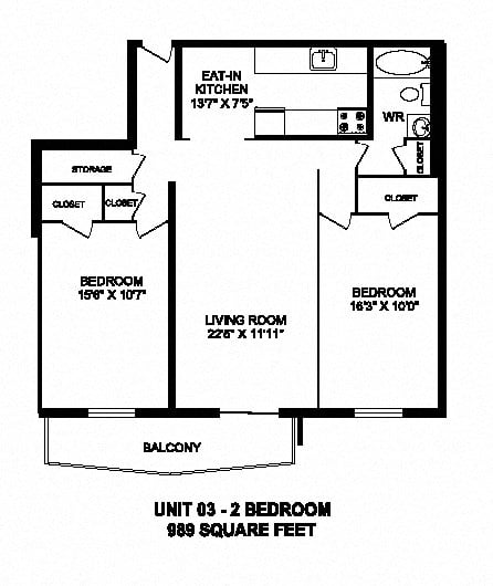 Floor plan for 2 beds, 1 bath, 989 sqft