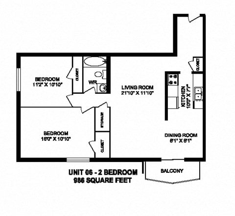 Floor plan for 2 beds, 1 bath, 986 sqft