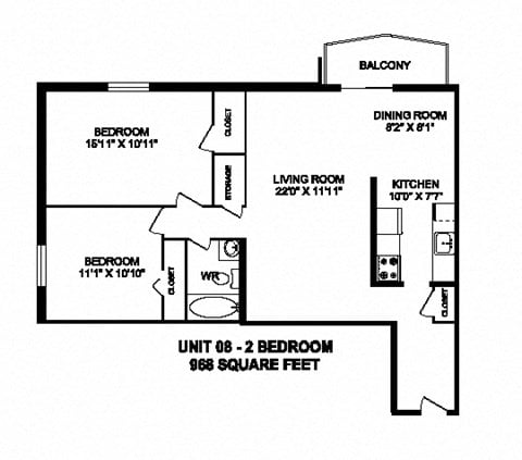 Floor plan for 2 beds, 1 bath, 968 sqft