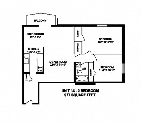 Floor plan for 2 beds, 1 bath, 977 sqft