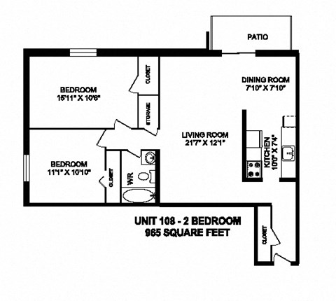 Floor plan for 2 beds, 1 bath, 965 sqft