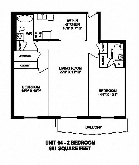 Floor plan for 2 beds, 1.5 baths, 981 sqft